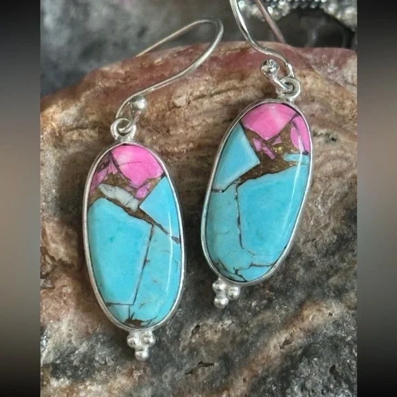 Sold ❤️ Turquoise Cotton Candy Dahlia Southwestern Sterling Silver Earrings - Picture 3 of 5